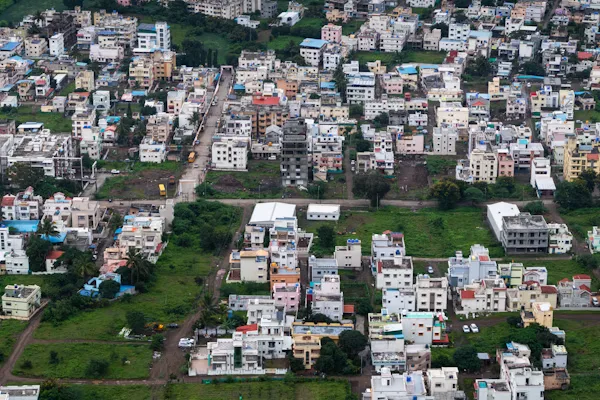 Aerial view of a dense Indian residential district