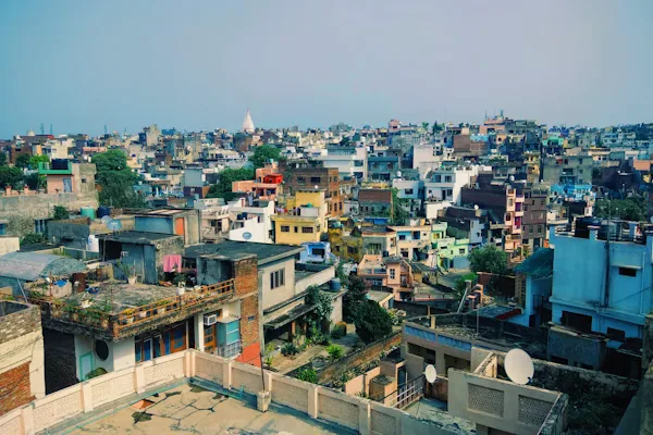 Aerial view of a sprawling Indian urban settlement
